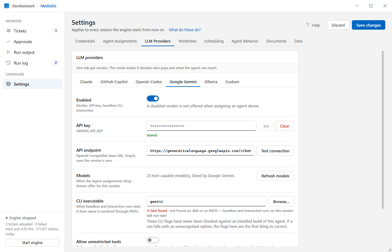The LLM Providers settings tab for Google Gemini: enabled toggle, encrypted API key, OpenAI-compatible endpoint, model list and CLI executable.