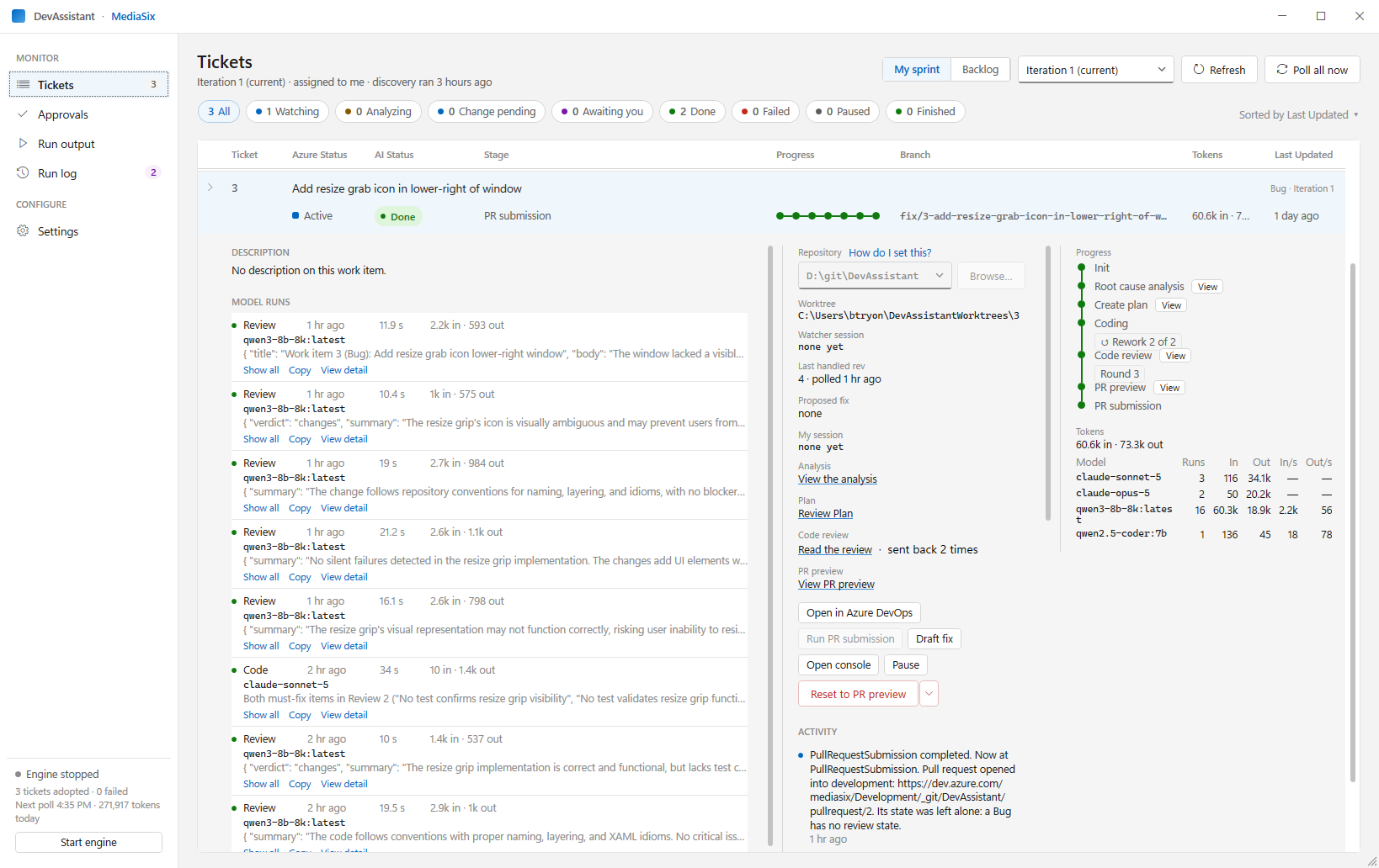 A ticket's detail panel: the model runs for each review and coding round, links to the analysis, plan, code review and PR preview, the pipeline progress, and a token table by model.