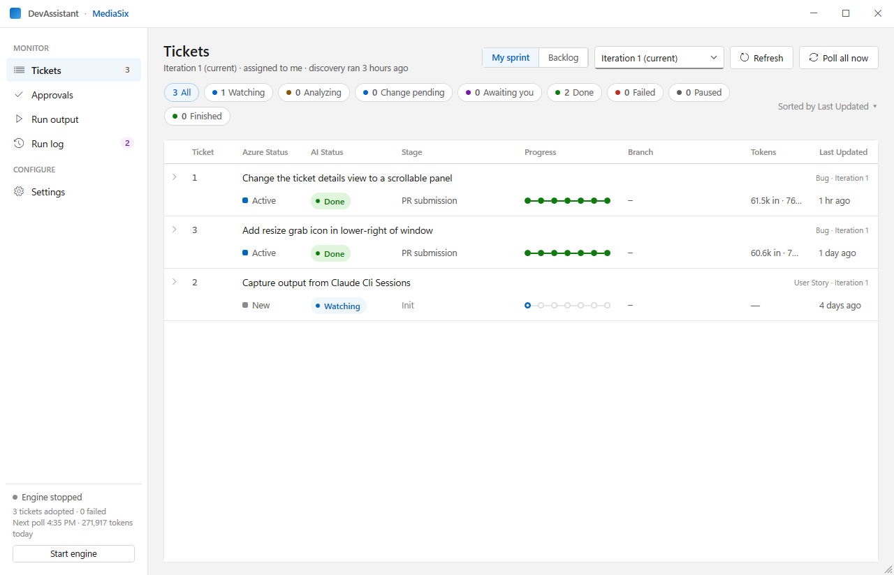The DevAssistant Tickets screen: the current sprint's assigned tickets with their Azure DevOps state, AI status, current stage, a seven-step progress track and tokens used.